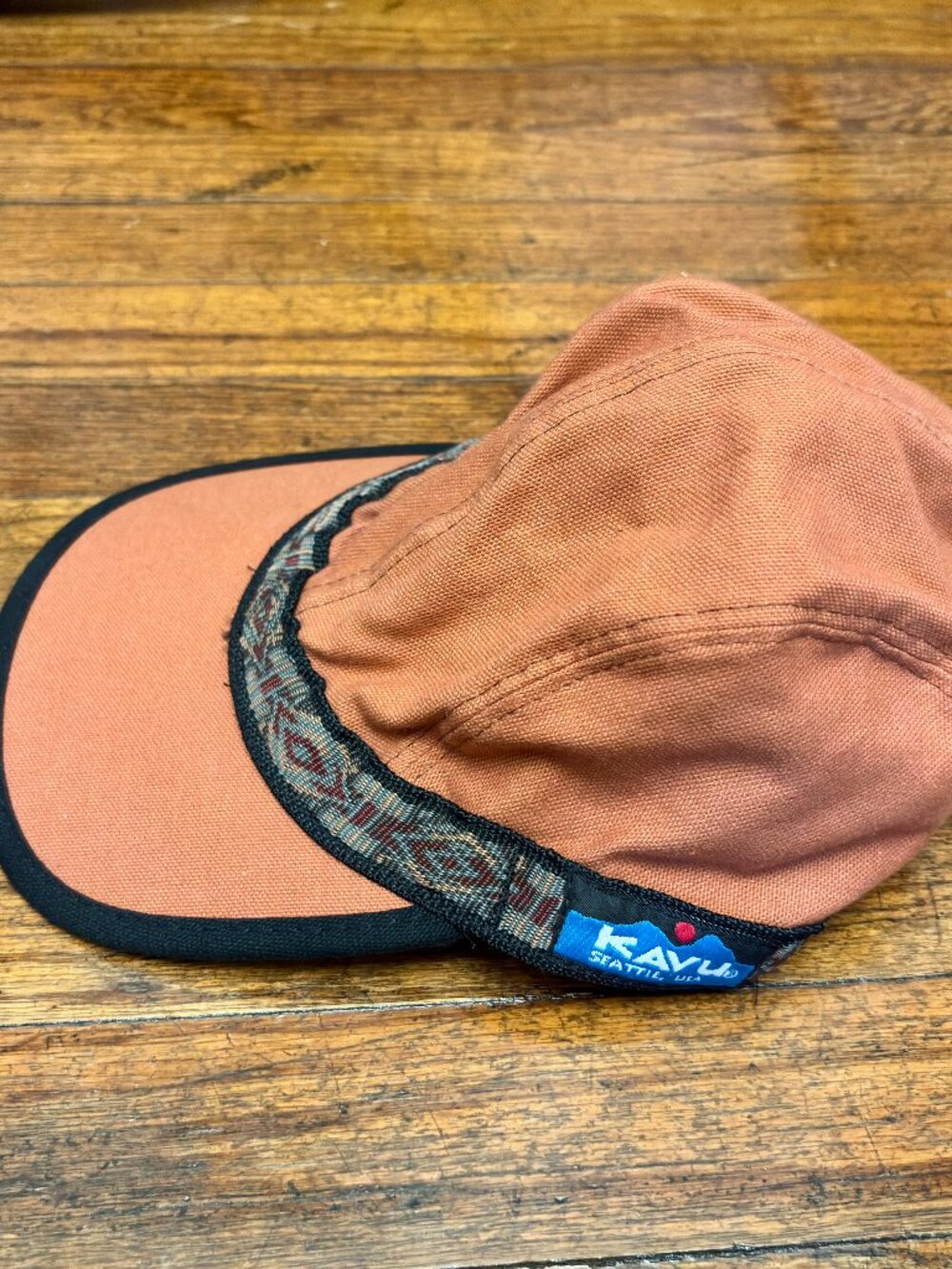 Kavu Canvas Trail 4 Panel Hat Aztec Hike Camp Logo Made USA Strap Back Cap Small